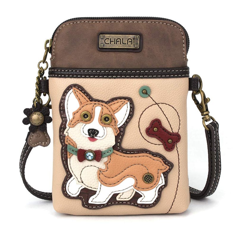 CHALA Dog Collection Cell Phone Crossbody Purse-Women PU Leather/Canvas Multicolor Handbag with Adjustable Strap - Corgi - ivory - Image 1